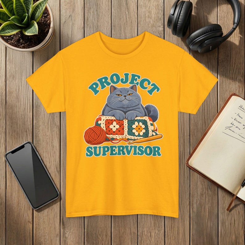 Project Supervisor Cat T-Shirt, Funny Crochet Shirt, Gift for Cat Lovers Gold