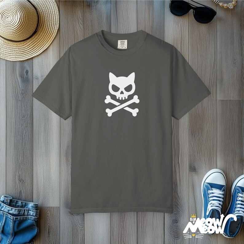 Cat Skull Crossbones T-Shirt: Comfort Colors Gothic Punk Tee Pepper
