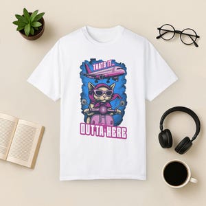 Funny Cat Travel T-Shirt: Jetsetter Cat on Scooter, Comfort Colors Tee White