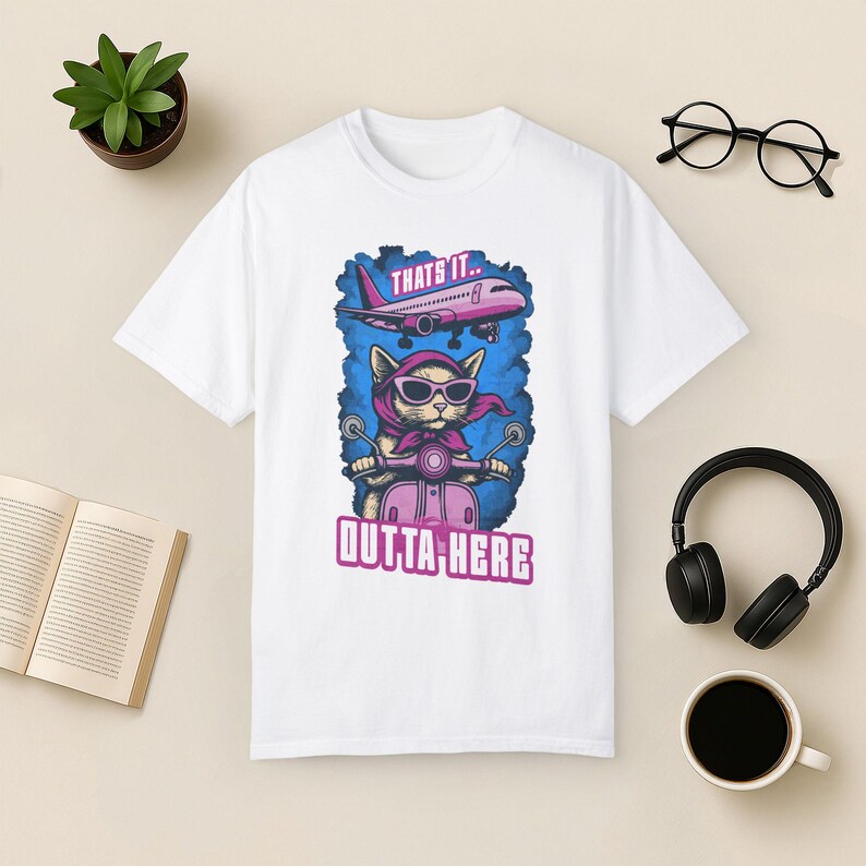 Funny Cat Travel T-Shirt: Jetsetter Cat on Scooter, Comfort Colors Tee White