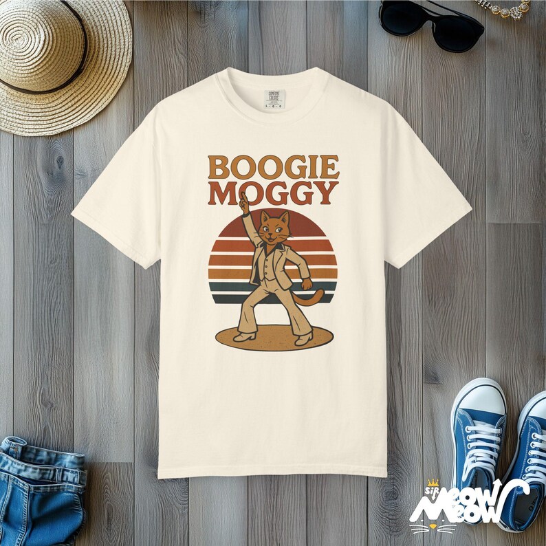 Boogie Moggy Disco Cat T-Shirt: Retro 70s Comfort Colors Tee Ivory