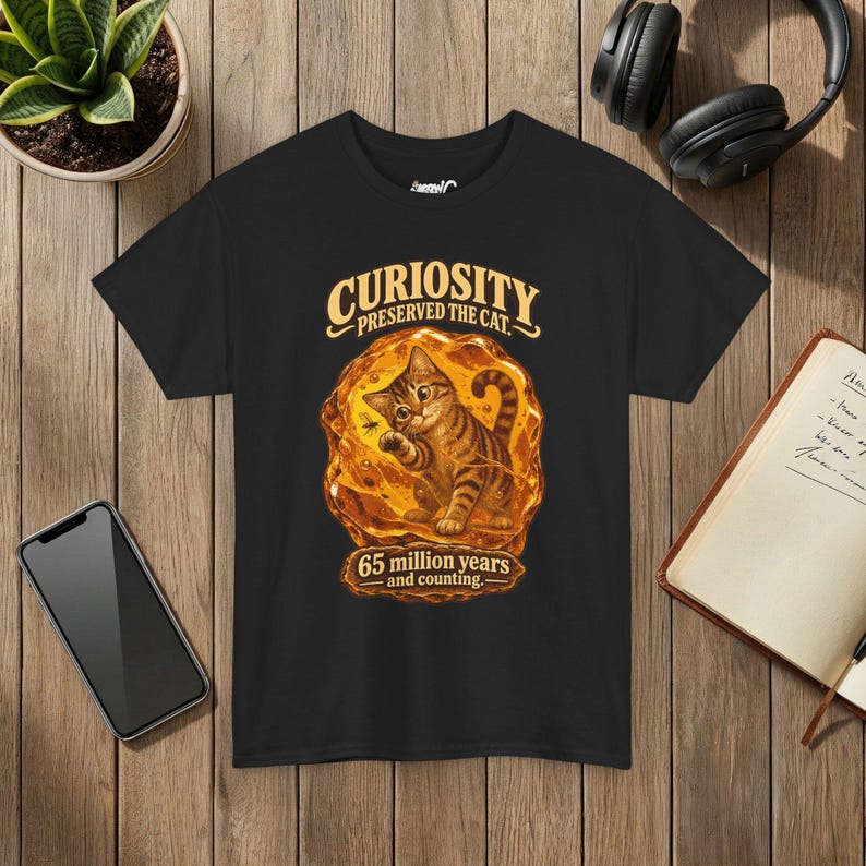 Curiosity Preserved the Cat T-Shirt, Funny Cat in Amber, Science Lover Gift Black