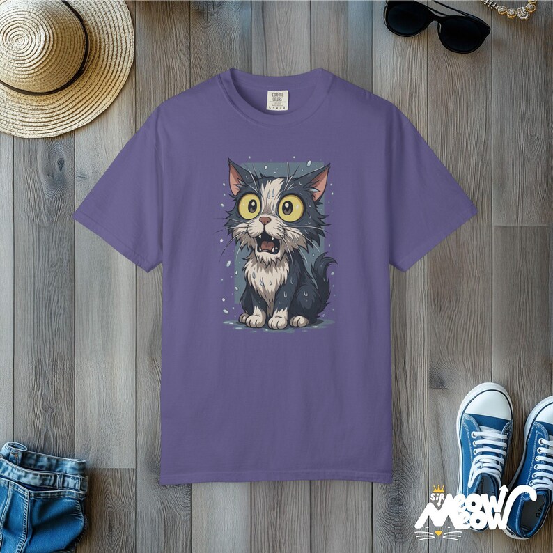 Funny Wet Cat T-Shirt: Wide-Eyed Kitty Graphic Tee Grape