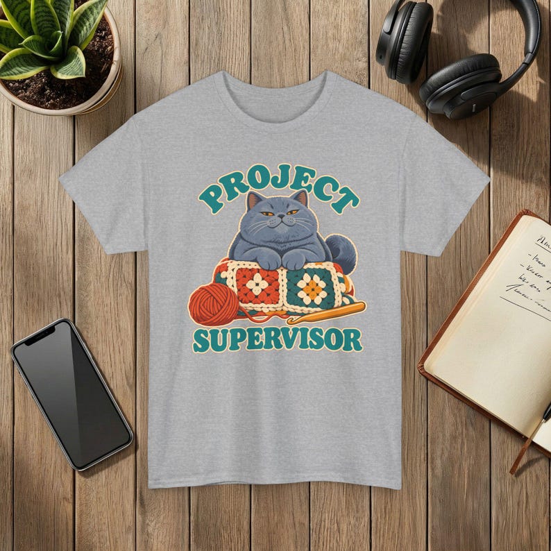 Project Supervisor Cat T-Shirt, Funny Crochet Shirt, Gift for Cat Lovers Sport Grey