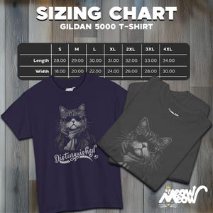 May include: Sizing chart for Gildan 5000 T-shirts, showing measurements in inches for length and width, from sizes S to 4XL. The chart is displayed on a wooden background with two t-shirts featuring a cat wearing sunglasses and a scarf, one in navy blue and the other in dark grey.