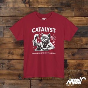 Funny Cat Scientist T-Shirt: Catalyst Unisex Tee, Science Lover Gift Cardinal Red