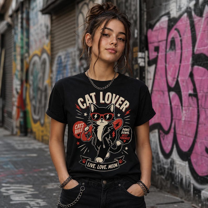 Punk Cat Graphic Tee, Edgy Cat Lover Shirt, Live Love Meow, Unisex Pet Top image 2