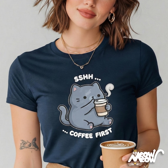 Coffee First Cat T-Shirt: Cartoon Illustration, Coffee Lover Gift
