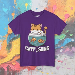 Catfishing Pun T-Shirt: Funny Cat & Fish Graphic Tee Purple
