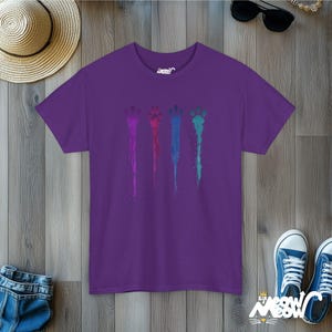 Colorful Paw Prints T-Shirt: Dripping Paint Splatter Cat Lover Tee Purple