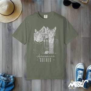Ameowican Gothic Cat T-Shirt: Funny Art Parody Comfort Colors Tee Moss