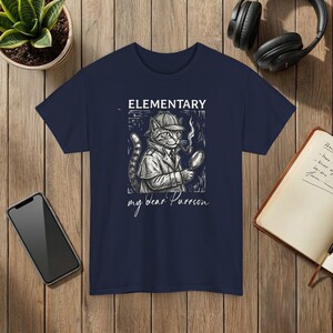 Elementary Cat Detective T-Shirt My Dear Purrson Vintage Style Graphic Tee Navy