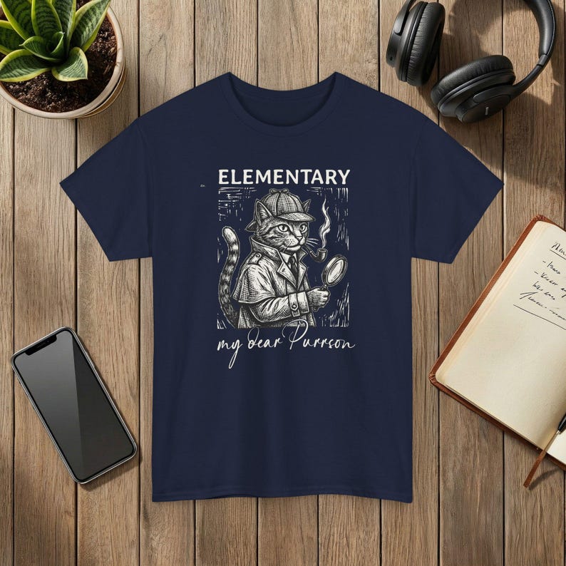 Elementary Cat Detective T-Shirt My Dear Purrson Vintage Style Graphic Tee Navy