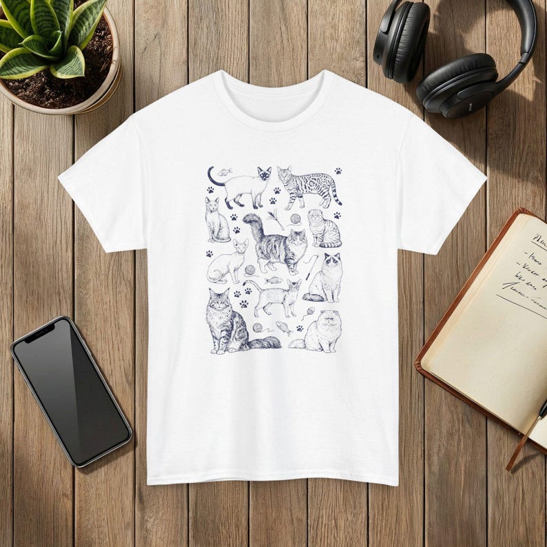 Vintage 90s Cat Breed T-Shirt: Retro Tattoo Style White