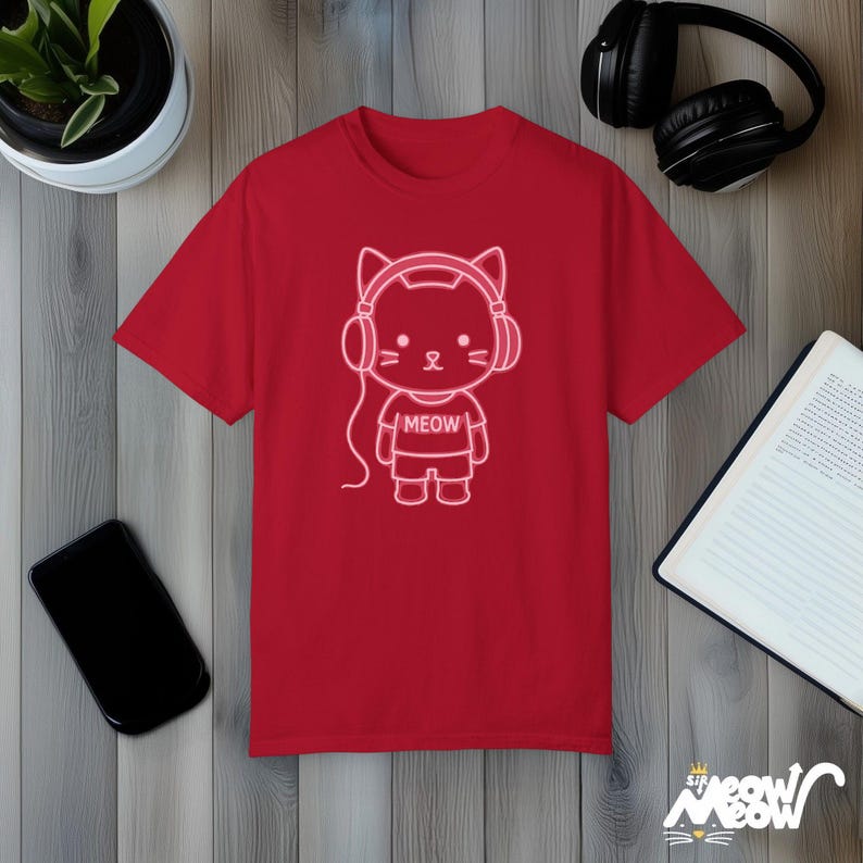 Comfort Colors Neon Cat-koptelefoon-T-shirt: Kawaii Vaporwave-T-shirt Red