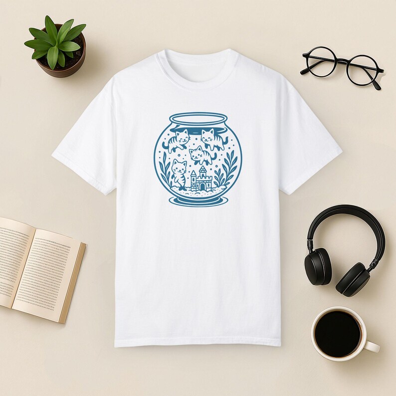 Funny Cat Fishbowl T-Shirt: Comfort Colors Kitty Aquarium Tee White