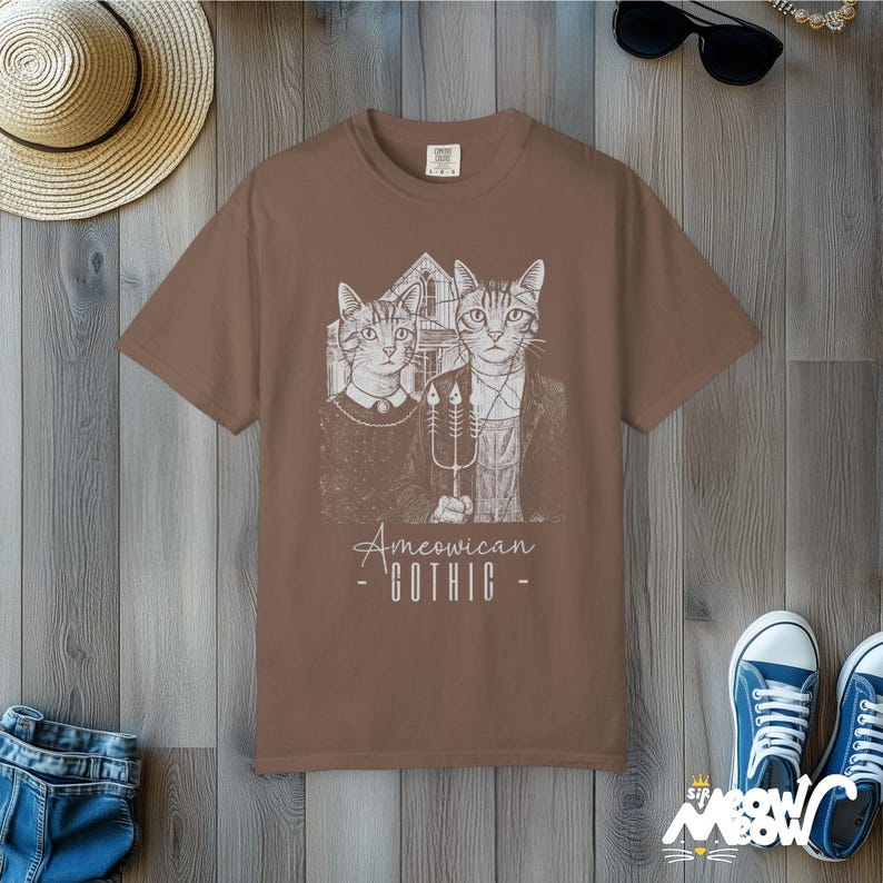 Ameowican Gothic Cat T-Shirt: Funny Art Parody Comfort Colors Tee Espresso