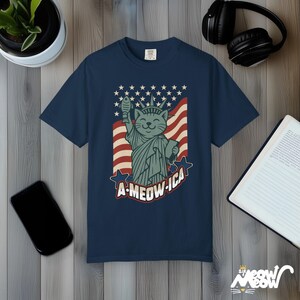 A-Meow-ica Cat T-Shirt: Patriotic Fourth of July Comfort Colors Tee True Navy