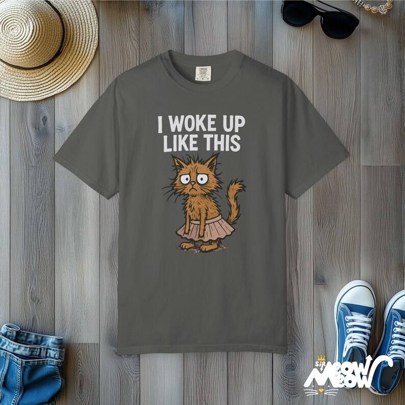 Comfort Colors "I Woke Up Like This" Cat T-Shirt - Funny Grumpy Kitty Tee Pepper