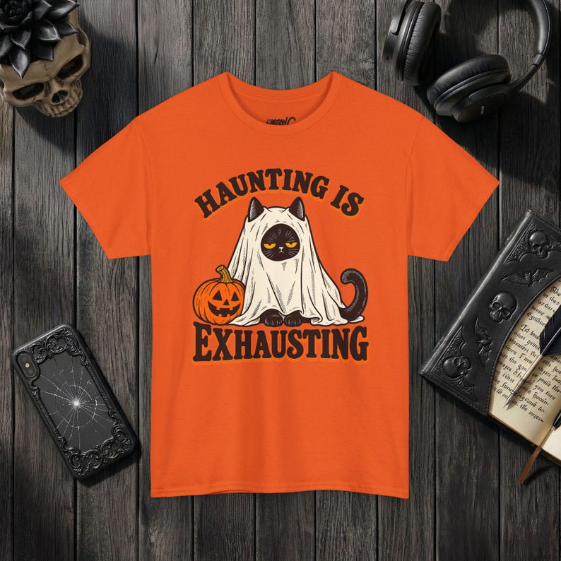 Funny Cat Ghost Shirt, Haunting Is Exhausting Halloween Tee, Retro Spooky Season Gift Orange