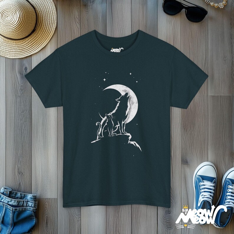 Cat & Wolf Moon T-Shirt | Enchanting Night Silhouette Tee | Unique Animal Lover Gift Midnight