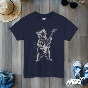 Rockin' Cat T-Shirt - Funny Guitar Playing Cat Design - Music Lover Gift Navy