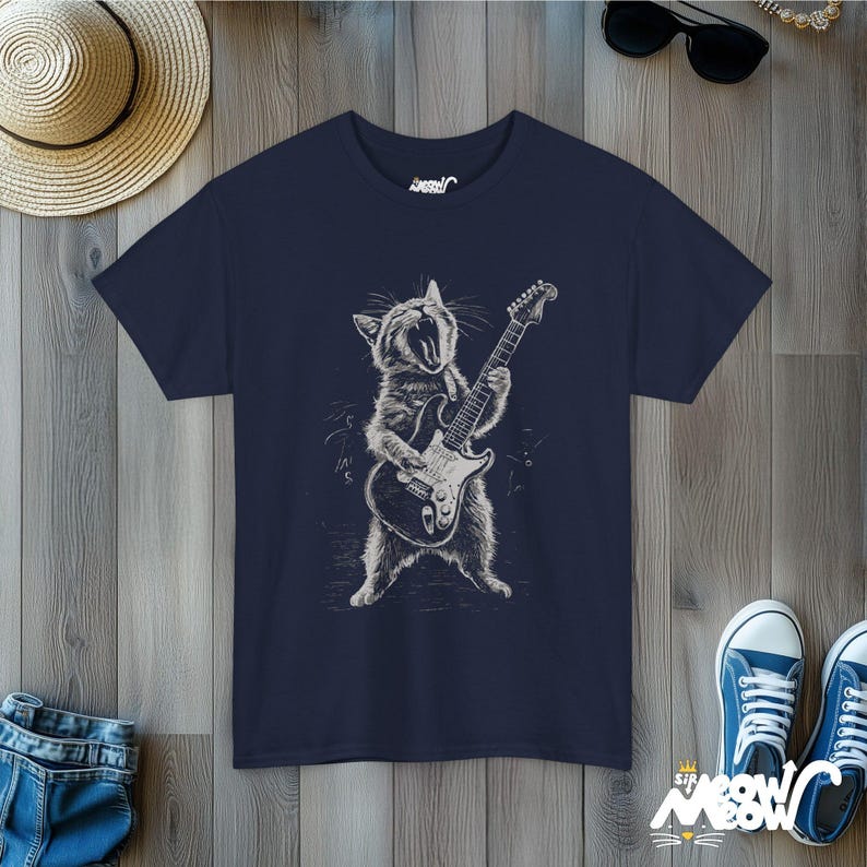Rockin' Cat T-Shirt - Funny Guitar Playing Cat Design - Music Lover Gift Navy