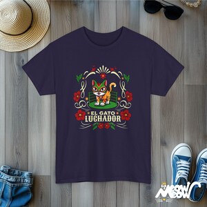 El Gato Luchador Tee: Mexican Cat Lover T-Shirt Blackberry