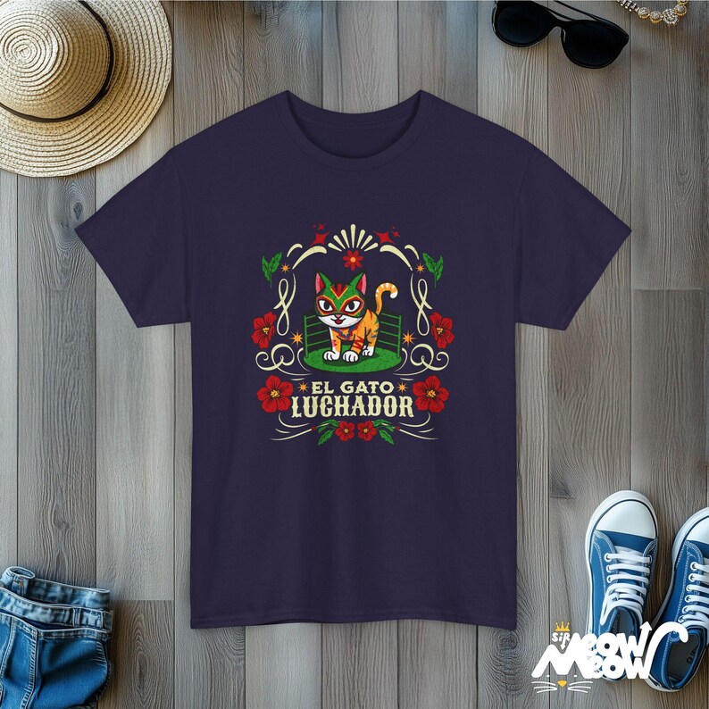 El Gato Luchador Tee: Mexican Cat Lover T-Shirt Blackberry