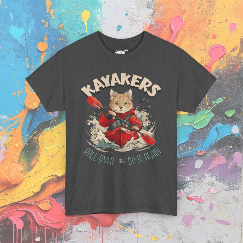 Kayaking Cat T-Shirt: Adventurous Feline Paddler Gift Dark Heather