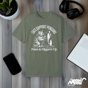Comfort Colors Cat & Penguin Friendship T-Shirt: Funny Animal Lover Tee Moss