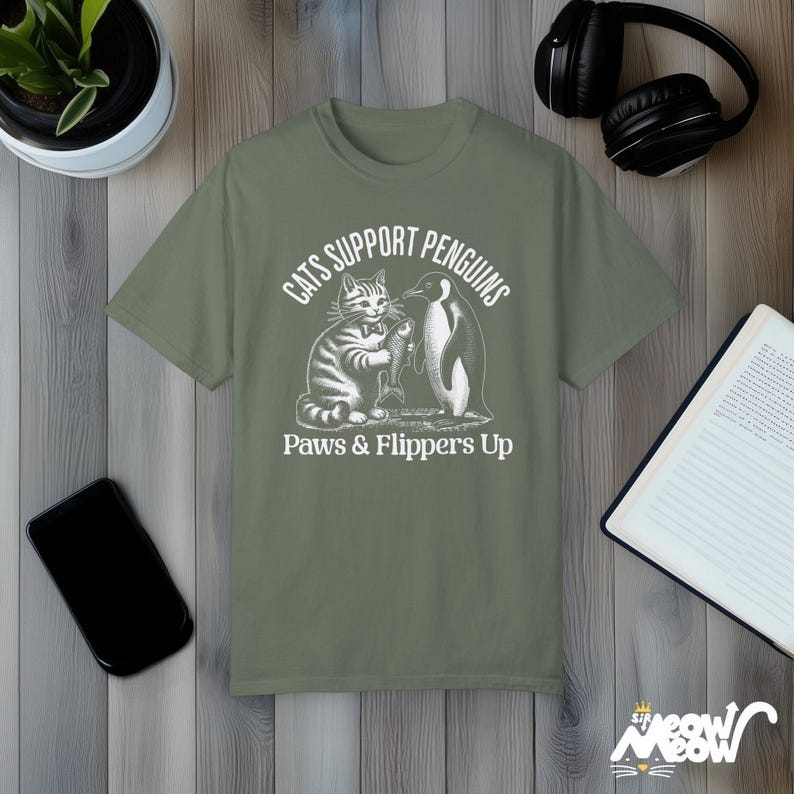Comfort Colors Cat & Penguin Friendship T-Shirt: Funny Animal Lover Tee Moss