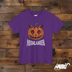 Meowlaween Halloween Cat Pumpkin Design, Spooky Fun Unisex T-Shirt for Cat Lovers Purple