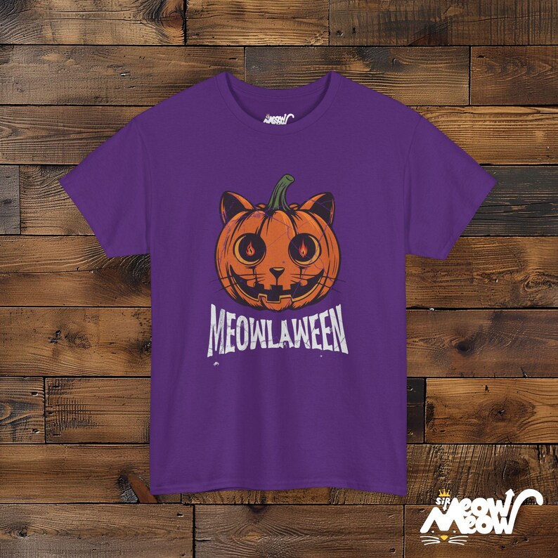 Meowlaween Halloween Cat Pumpkin Design, Spooky Fun Unisex T-Shirt for Cat Lovers Purple