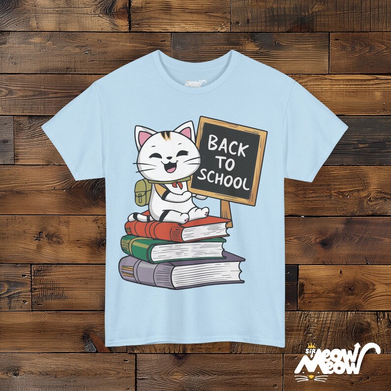 Back to School Cat Tee, Teacher Student Gift Light Blue