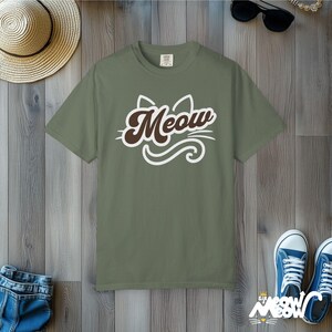 Meow Script Cat T-Shirt: Retro Kitty Comfort Colors Tee Moss