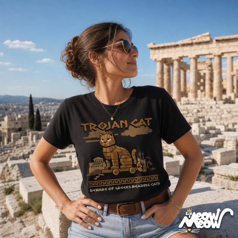 May include: A black short-sleeve t-shirt featuring a graphic of a wooden cat on wheels, resembling a Trojan horse. The text reads "TROJAN CAT" and "BEWARE OF GREEKS BEARING CATS" in a tan, blocky font, with a Greek key border design at the bottom.