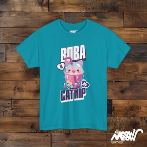 Boba Cat T-Shirt, Bubble Tea Unisex Tee Tropical Blue