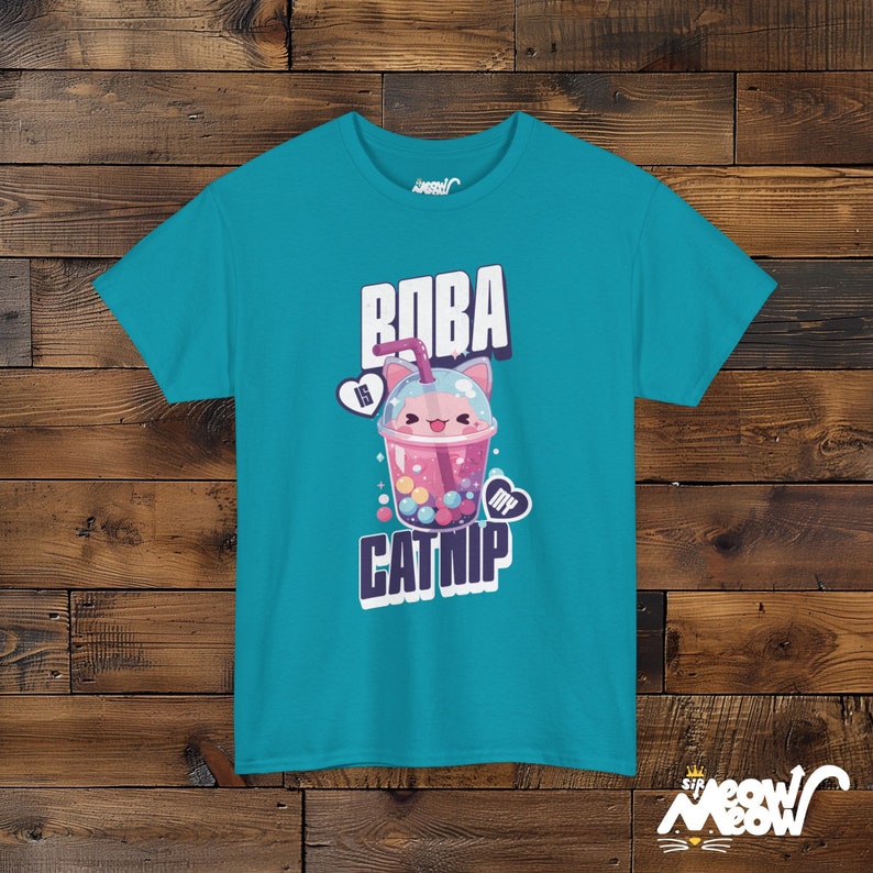 Boba Cat T-Shirt, Bubble Tea Unisex Tee Tropical Blue