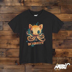 OctoKitty T-Shirt, Cute Octopus Cat Hybrid Design, Fun Ocean-Themed Cat Lover Tee, Quirky Animal Mashup Gift Black