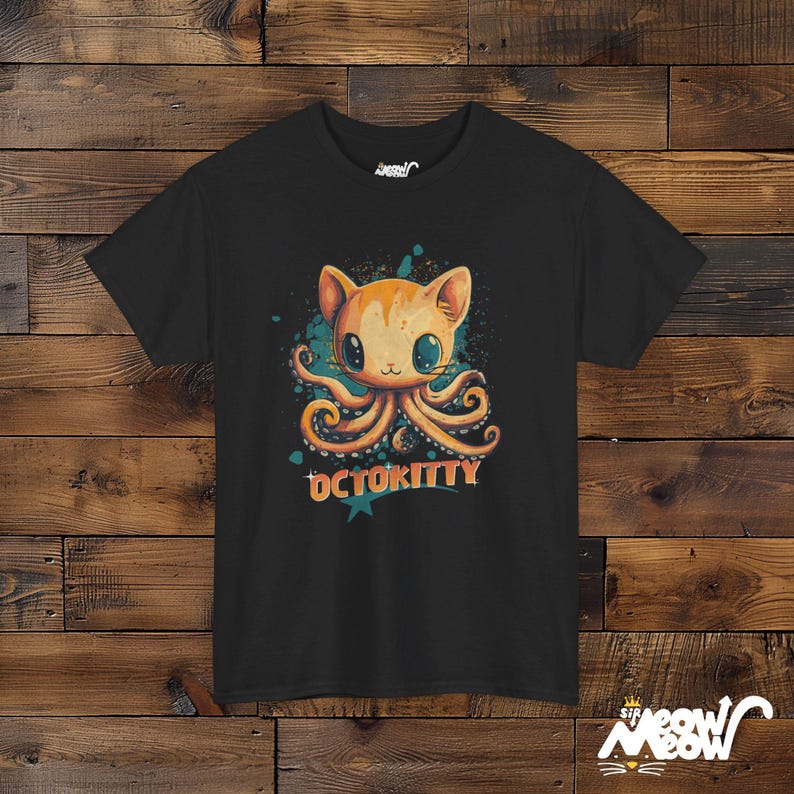 OctoKitty T-Shirt, Cute Octopus Cat Hybrid Design, Fun Ocean-Themed Cat Lover Tee, Quirky Animal Mashup Gift Black