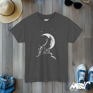 Cat & Wolf Moon T-Shirt | Enchanting Night Silhouette Tee | Unique Animal Lover Gift Dark Heather