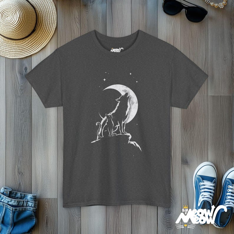 Cat & Wolf Moon T-Shirt | Enchanting Night Silhouette Tee | Unique Animal Lover Gift Dark Heather