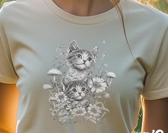 Camiseta de gato estilo cottagecore: diseño floral vintage de gatito