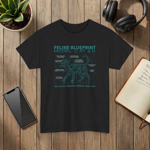 Feline Blueprint T-Shirt Cat Anatomy Illustration Science Graphic Tee Black