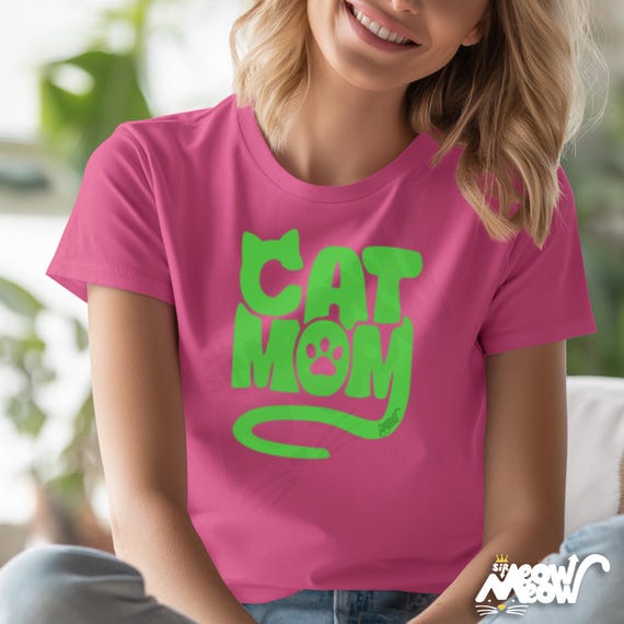 Neon Cat Mom T-Shirt: Retro Bubble Letter Design