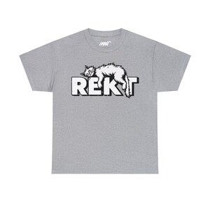 Sport Grey unisex T-shirt featuring humorous white “REKT” text topped with an illustration of an exhausted cat lying sprawled out, capturing gamer and meme culture vibes.