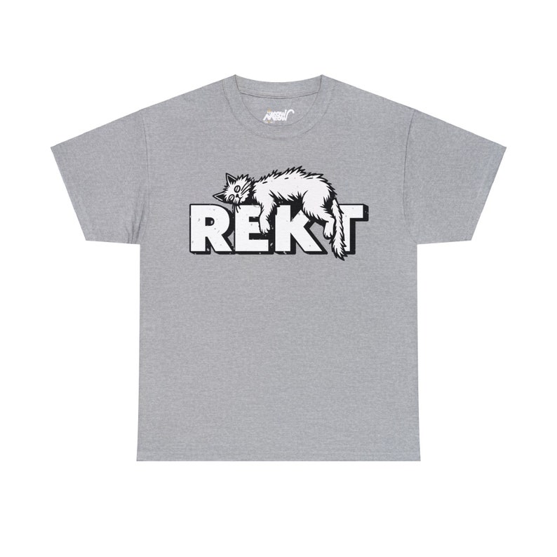 Sport Grey unisex T-shirt featuring humorous white “REKT” text topped with an illustration of an exhausted cat lying sprawled out, capturing gamer and meme culture vibes.