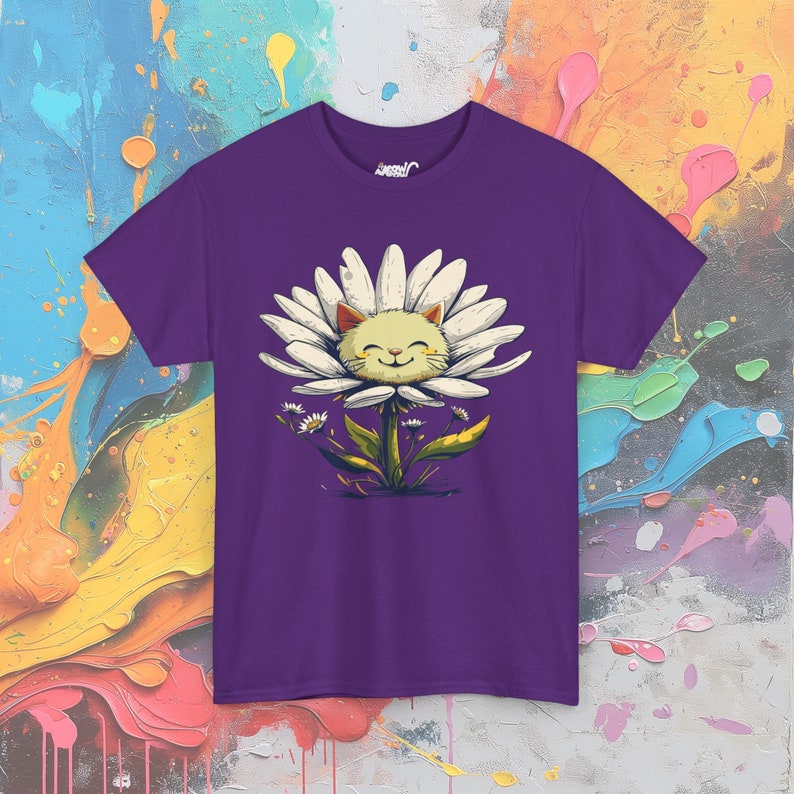 サンシャインデイジーキャットTシャツ：ハッピーネコフラワーTシャツ Purple