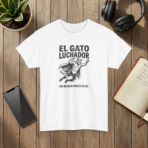 El Gato Luchador Mexican Wrestler Cat Graphic T-Shirt Black Cotton Tee image 3